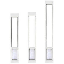 Three white pet door panels of varying heights are displayed against a white background.