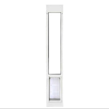 A white sliding glass door insert with a pet door.