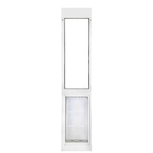 White sliding glass door insert with a pet door.