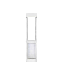 A white framed sliding glass door insert with a pet door is centered on a white background.