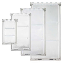 Four clear pet doors of different sizes, framed in gray, arranged in a staggered formation.