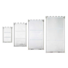 Four clear plastic containers with silver frames are arranged in ascending order of size.
