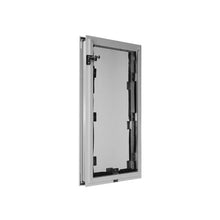 A white-framed access panel is open, revealing a gray interior.