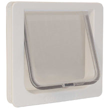 A white cat door with a transparent flap.