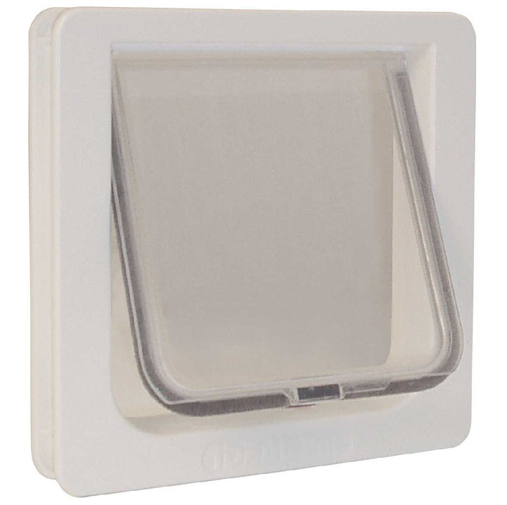 A white cat door with a transparent flap.