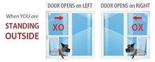 Diagram illustrating how to determine the door swing of a pet door, showing a door that opens on the left (XO) and one that opens on the right (OX) when viewed from the outside, each with a dog exiting the door.