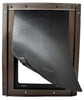 A pet door with a partially open flap showing the word