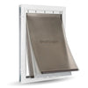 A white-framed PetSafe pet door with a flexible, tinted flap is shown against a white background._Color_White