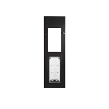 Black-framed pet door with a white flap.