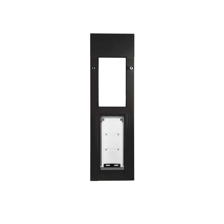 Black-framed pet door with a white flap.
