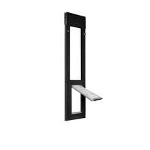 A black pet door frame with a partially open white flap.