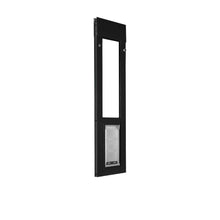 A black patio door insert with a pet door on a white background.