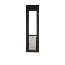 A black pet door frame with a white plastic flap.