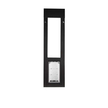 Black-framed sliding glass door insert with pet door.
