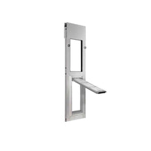 Aluminum pet door with a hinged opening.