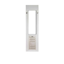 White-framed sliding glass door insert with a pet door.