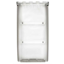 A clear plastic pet door with a gray frame and two horizontal bars.