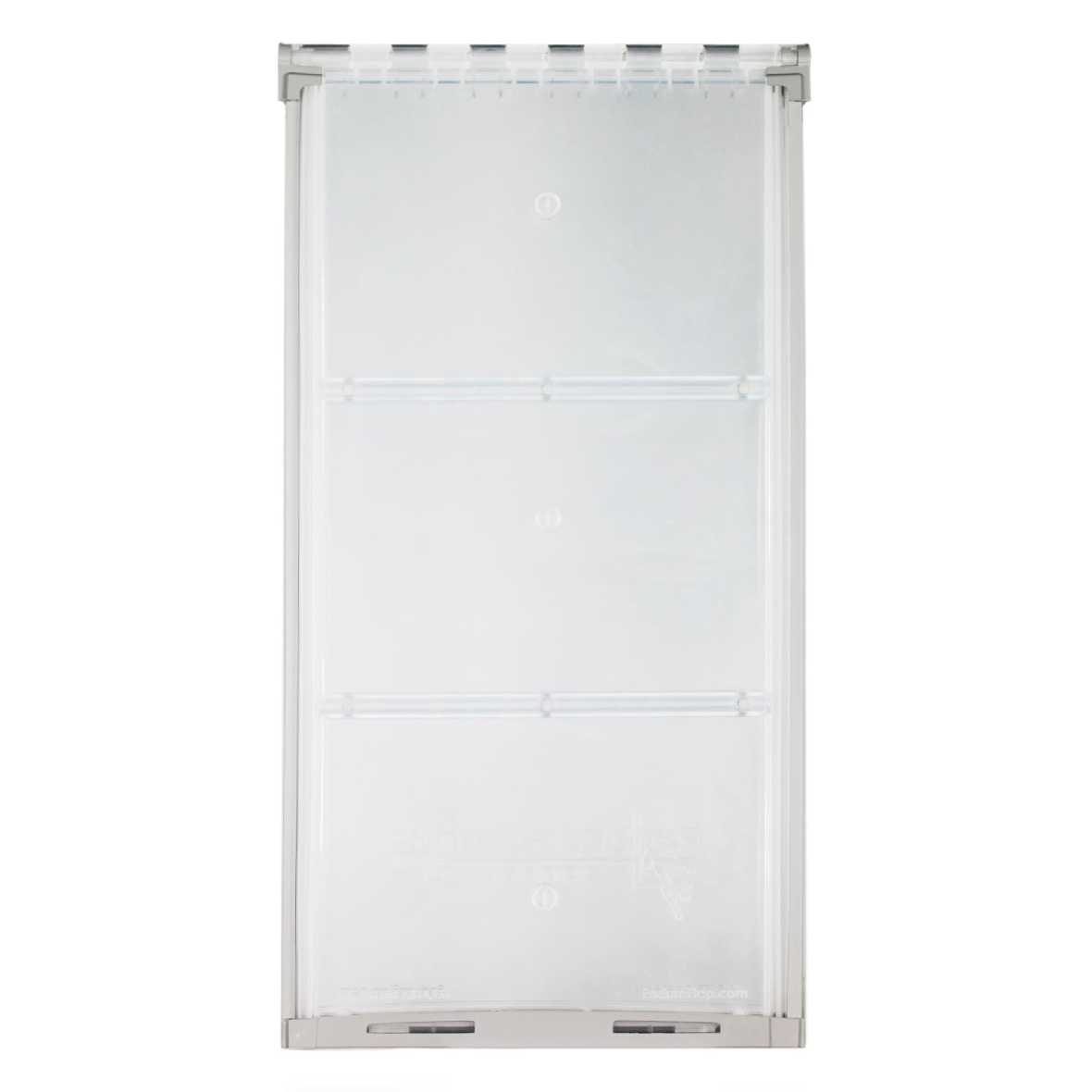 A clear, rectangular drawer with gray trim and three compartments.