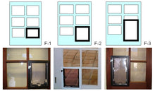 The image shows diagrams and photos of a pet door installed in a window.