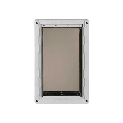 A white pet door with a flexible transparent flap.