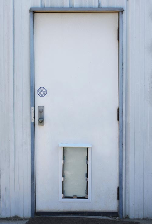 A white door with a dog door.