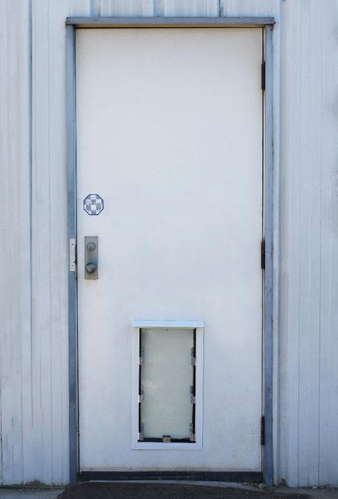 A white door with a dog door.
