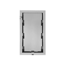 A white, rectangular pet door on a white background is shown in the image.