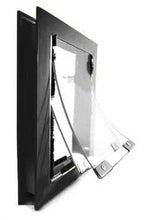 Black and white angled view of a framed clear glass panel with hinges.