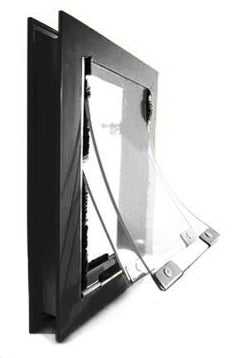 Black and white angled view of a framed clear glass panel with hinges.
