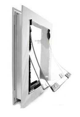A white pet door with a clear, flexible flap is shown partially open.