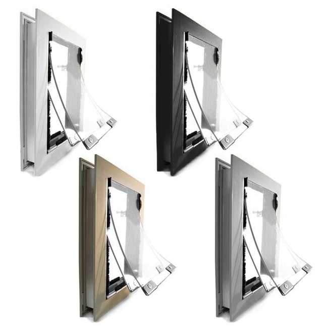 Four pet doors with clear flaps in white, black, tan, and gray frames.