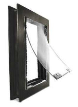 A black-framed pet door with a partially open, clear, flexible flap_Color_Black