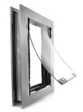 A metal framed pet door with a transparent flap.