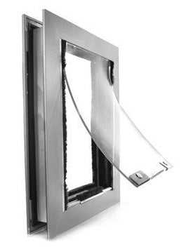 A metal framed pet door with a transparent flap.