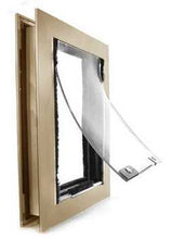 A metal-framed pet door with a clear, flexible flap partially open.