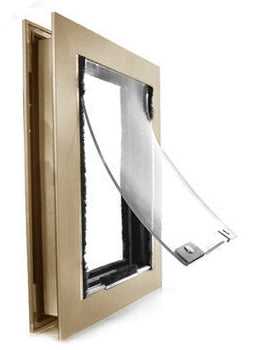 A metal-framed pet door with a clear, flexible flap partially open.