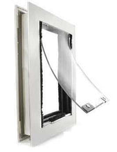Angled view of a pet door with a partially open, clear flap_Color_White