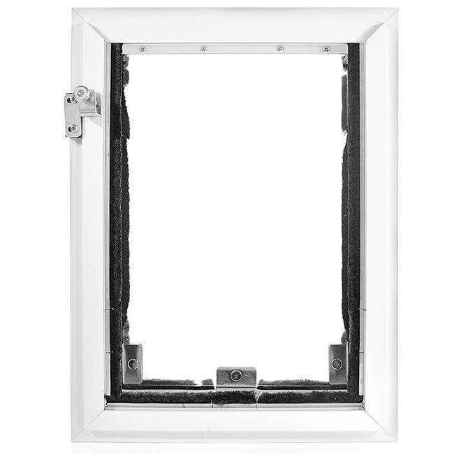 A white framed pet door with a latch.