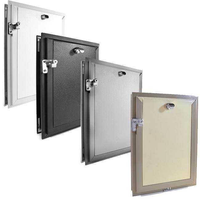 Four hinged access doors in different colors and finishes are angled in a row.