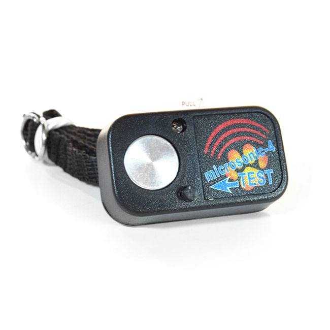 A black electronic collar device labeled "microsonic-4" with a "TEST" button.