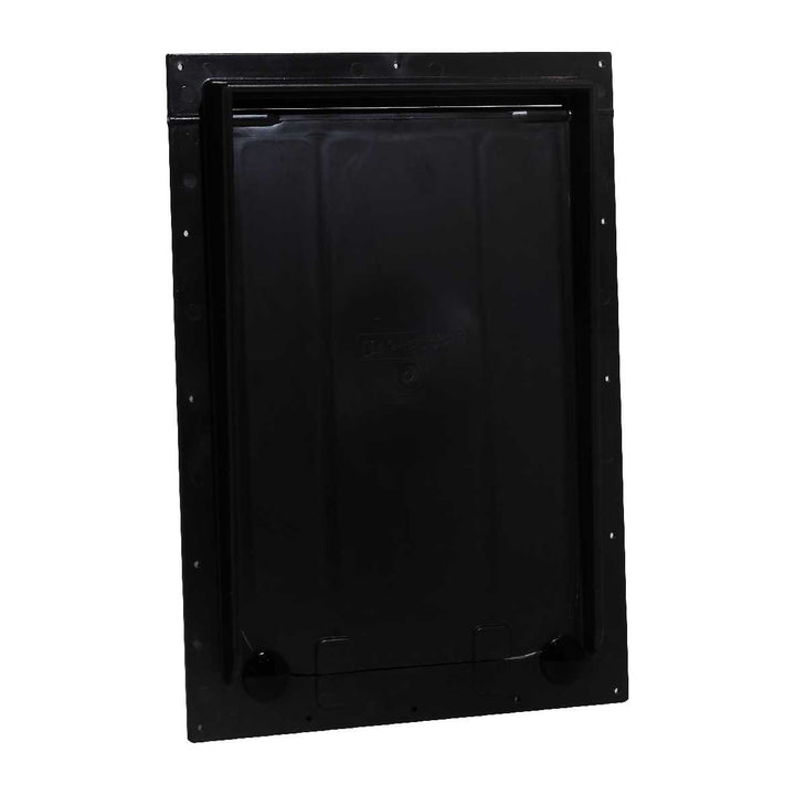 Black plastic pet door on a white background.