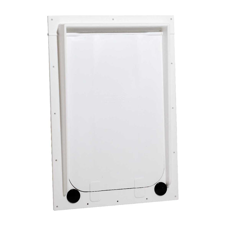 A white, rectangular pet door on a white background_Color_White