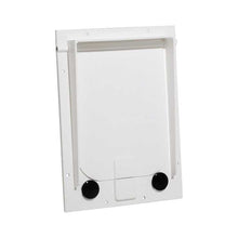 White plastic access panel with two black circles at the bottom.