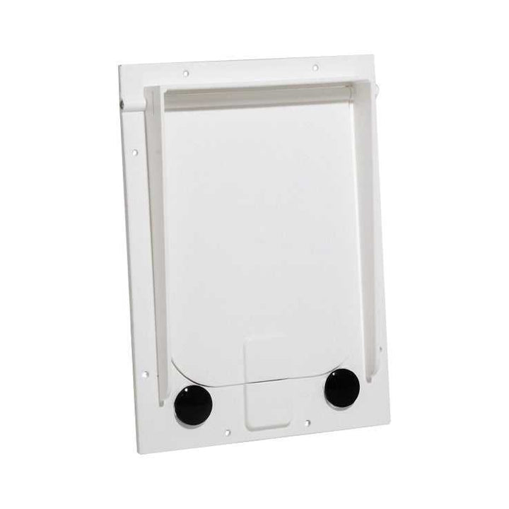 White plastic access panel with two black circles at the bottom.