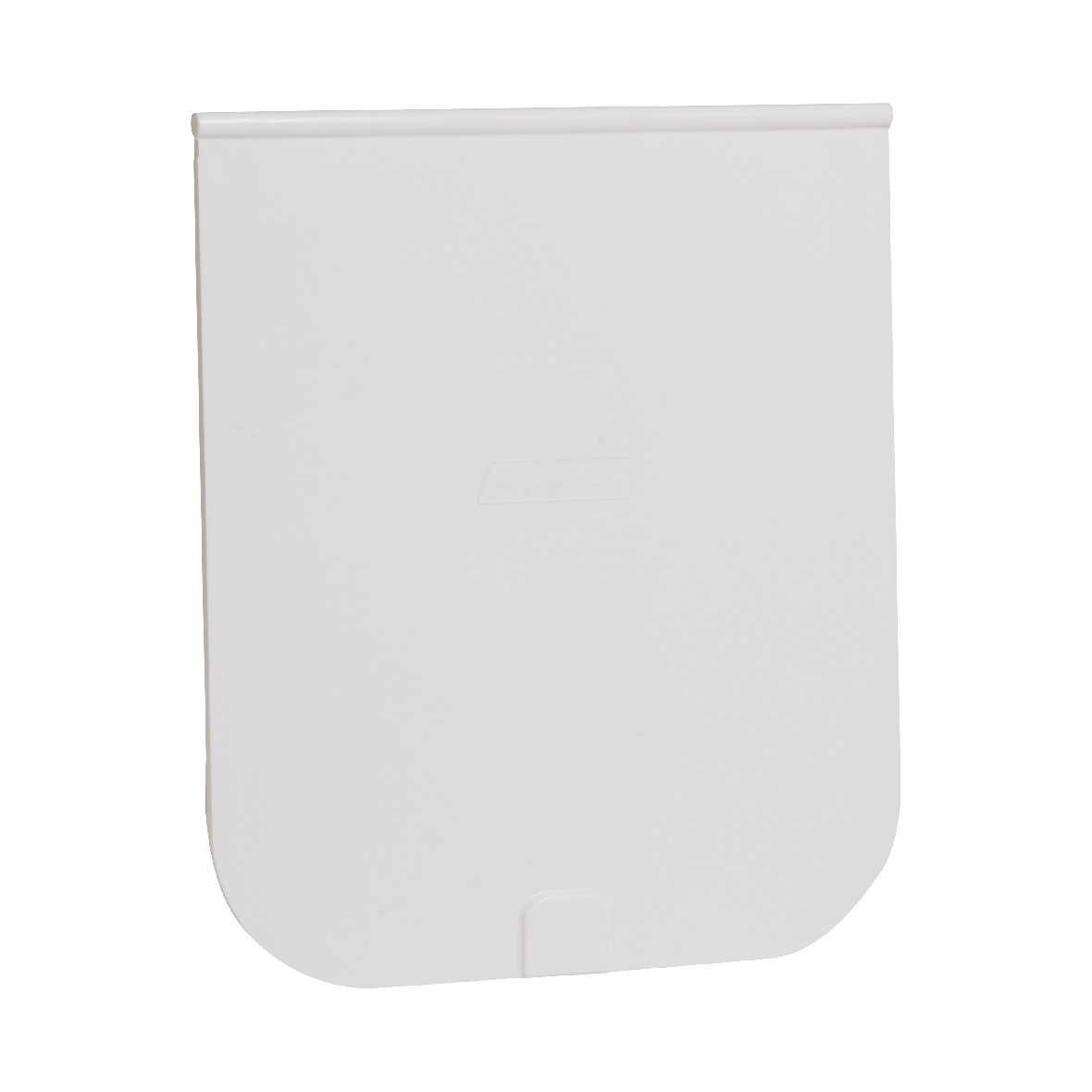 White plastic rectangle with rounded bottom corner and small tab.