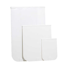 Three white, rectangular, and rounded-bottomed objects of varying sizes are arranged in a staggered fashion.