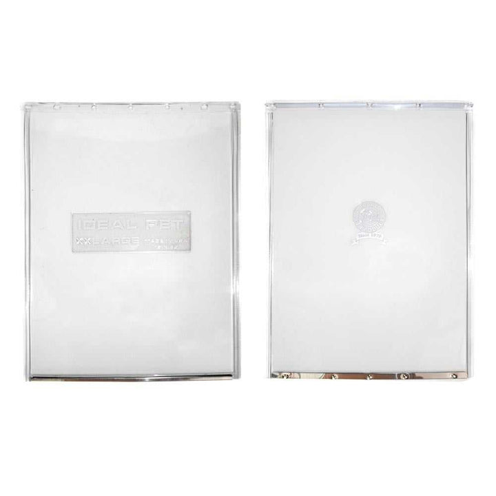 Two clear, rectangular pet door flaps are shown side-by-side on a white background.