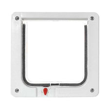 White plastic pet door frame with weather stripping and a red locking mechanism.