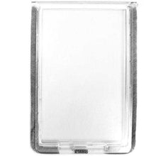 A clear pet door flap with gray weather stripping.