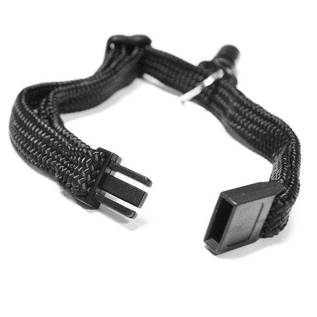 A black woven strap with a buckle on one end and a three-pronged connector on the other.